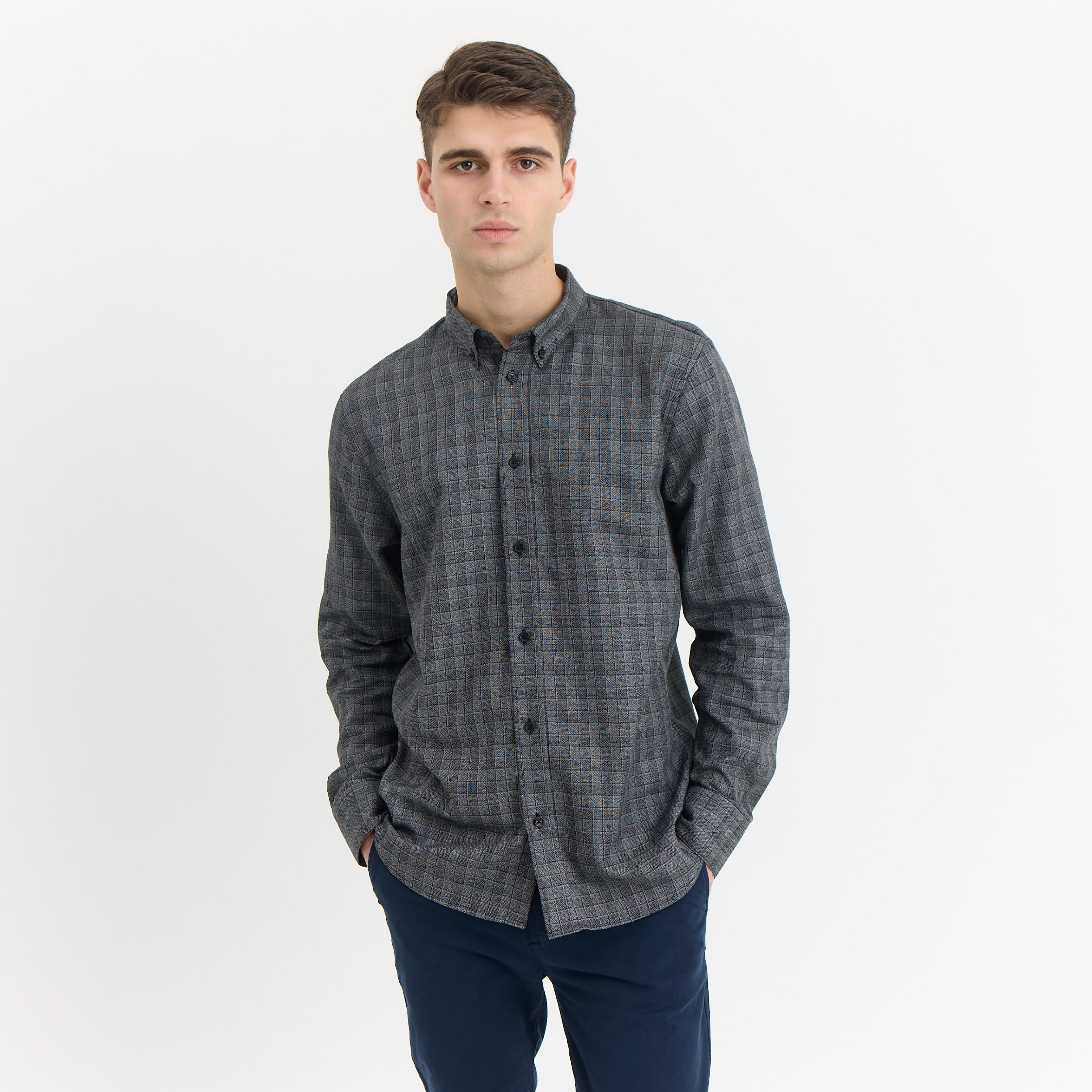 By Garment Makers Vincent BD Checked Shirt LS 0090 Grey Melange